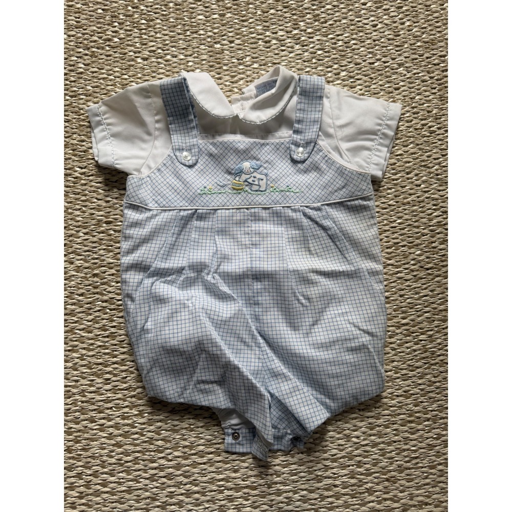 Petit Ami Blue and White Plaid Baby Romper with Bunny Embroidery
